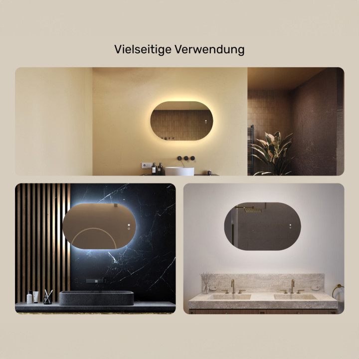 80x50 cm Beleuchteter Badezimmerspiegel, 80x50cm, Zweifarbig, Berührungsempfindlicher Schalter, Heizdecke