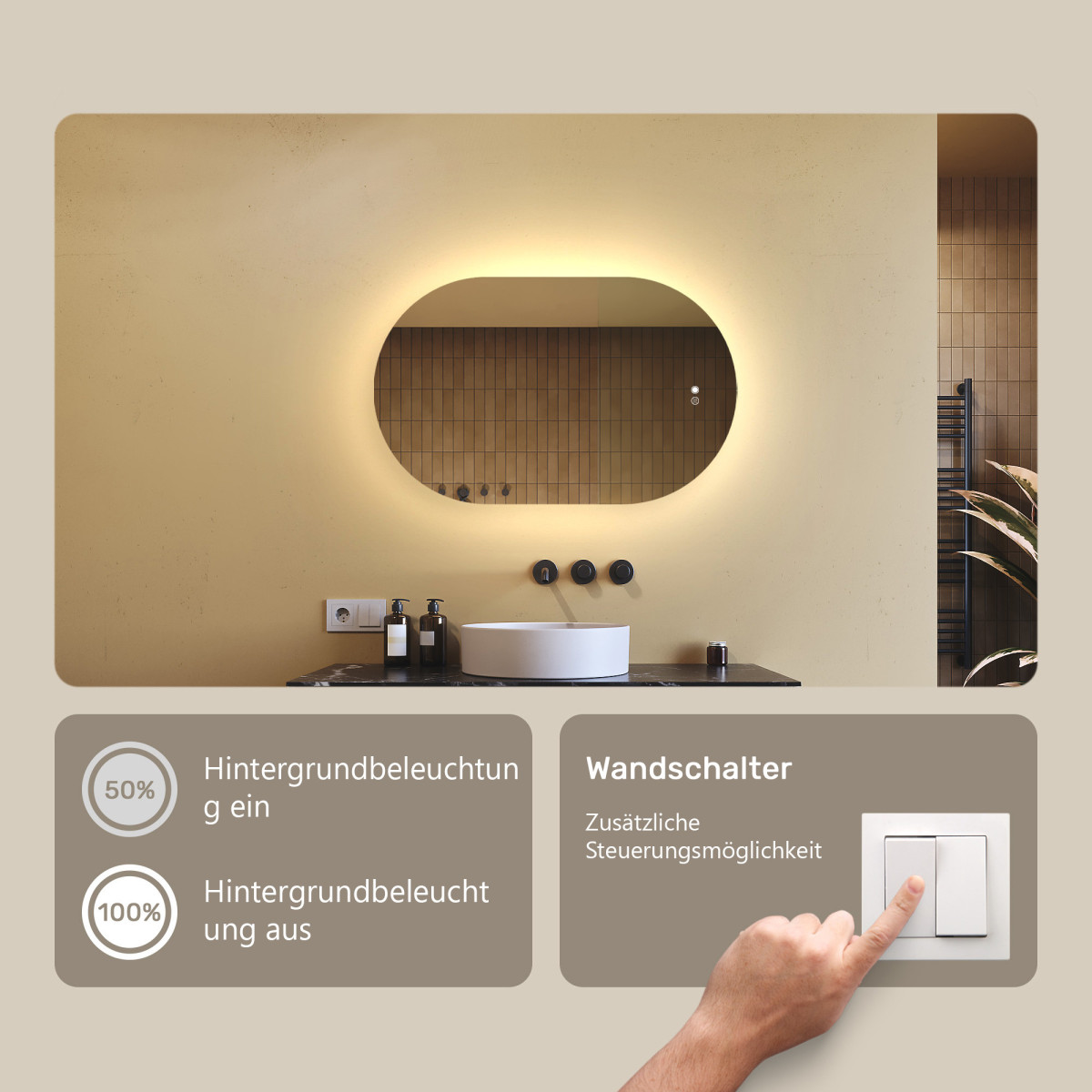 80x50 cm Beleuchteter Badezimmerspiegel, 80x50cm, Zweifarbig, Berührungsempfindlicher Schalter, Heizdecke