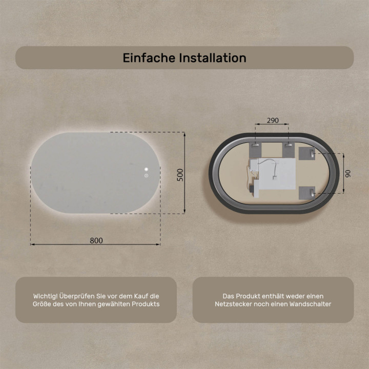 80x50 cm Beleuchteter Badezimmerspiegel, 80x50cm, Zweifarbig, Berührungsempfindlicher Schalter, Heizdecke