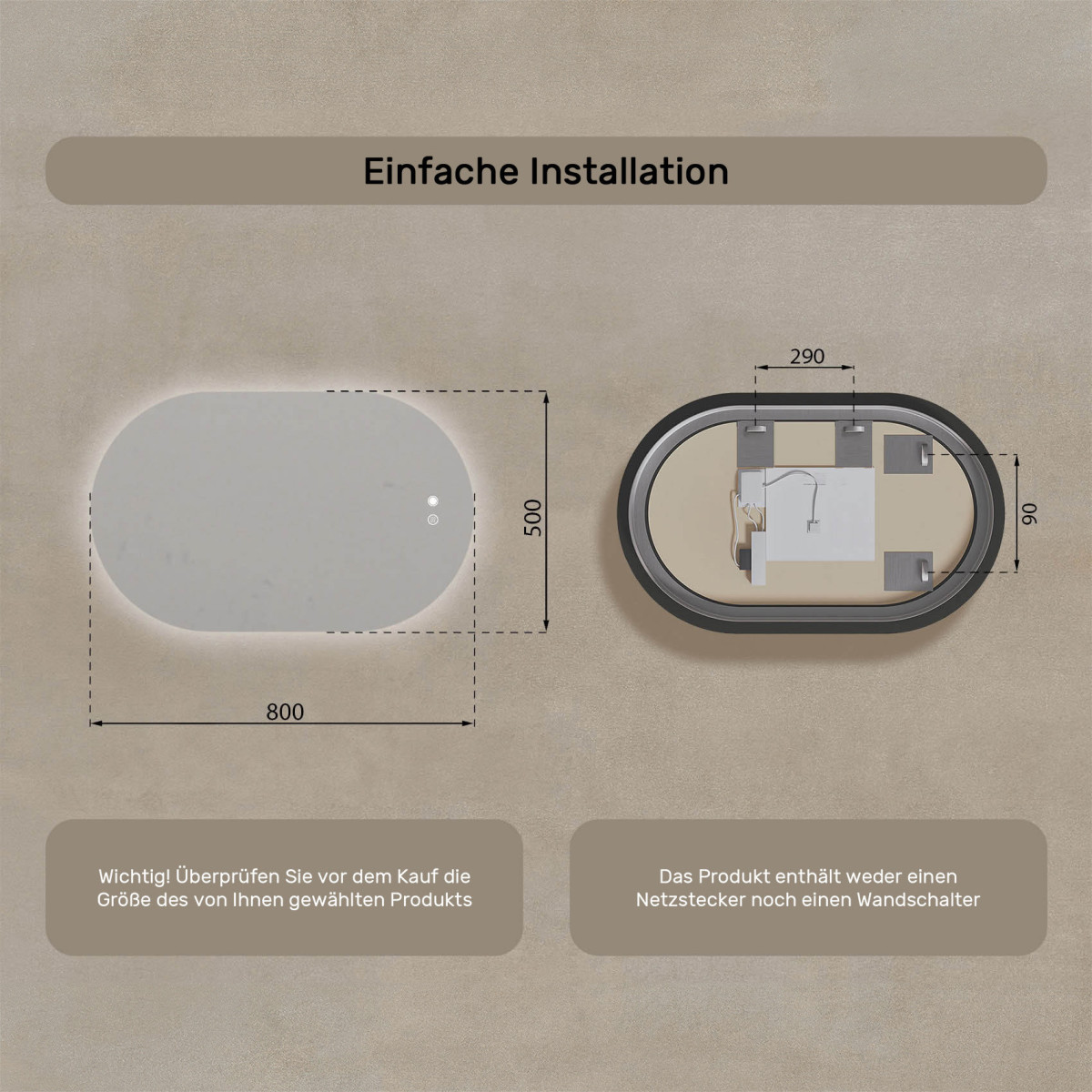 80x50 cm Beleuchteter Badezimmerspiegel, 80x50cm, Zweifarbig, Berührungsempfindlicher Schalter, Heizdecke