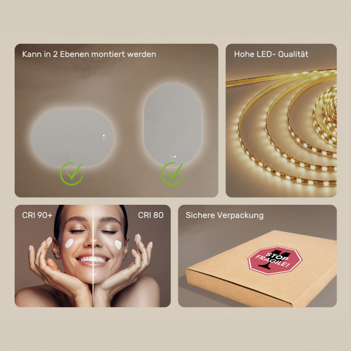 100x70 cm Beleuchteter Badezimmerspiegel, 100x70cm, Zweifarbig, Berührungssensor-Schalter, Heizmatte