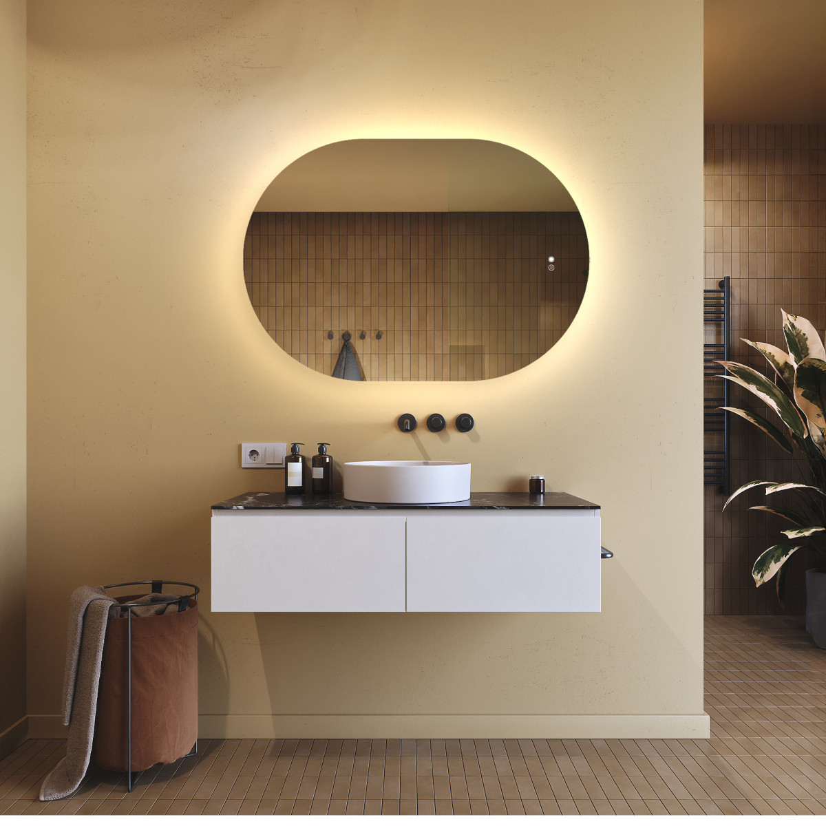 100x70 cm Beleuchteter Badezimmerspiegel, 100x70cm, Zweifarbig, Berührungssensor-Schalter, Heizmatte