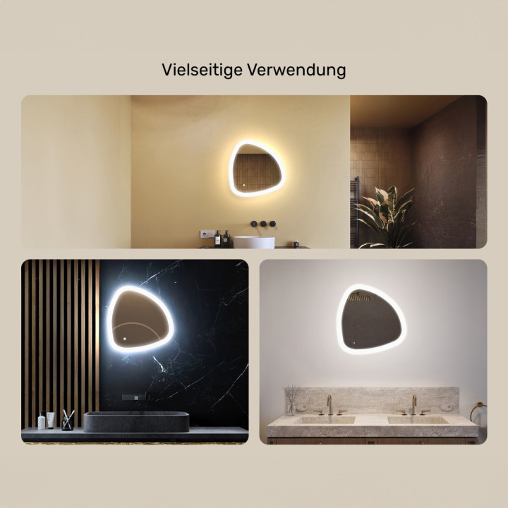 54x54 cm Beleuchteter unregelmäßiger Spiegel, 54x54cm, Zweifarbig, Touch-Schalter, Heizmatte