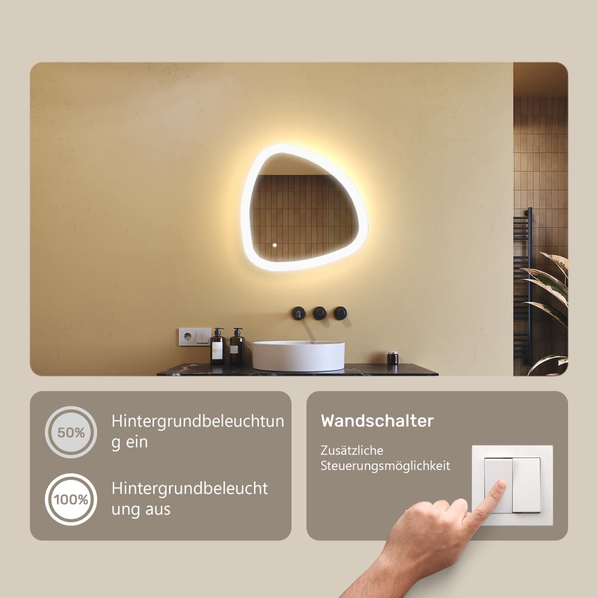 54x54 cm Beleuchteter unregelmäßiger Spiegel, 54x54cm, Zweifarbig, Touch-Schalter, Heizmatte