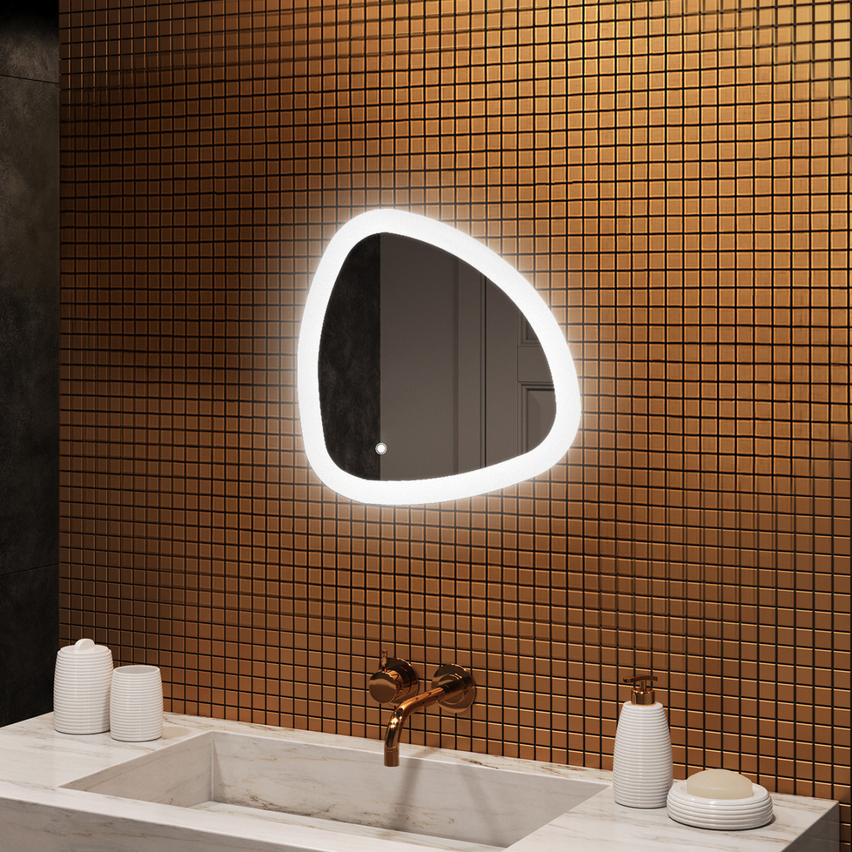 54x54 cm Beleuchteter unregelmäßiger Spiegel, 54x54cm, Zweifarbig, Touch-Schalter, Heizmatte