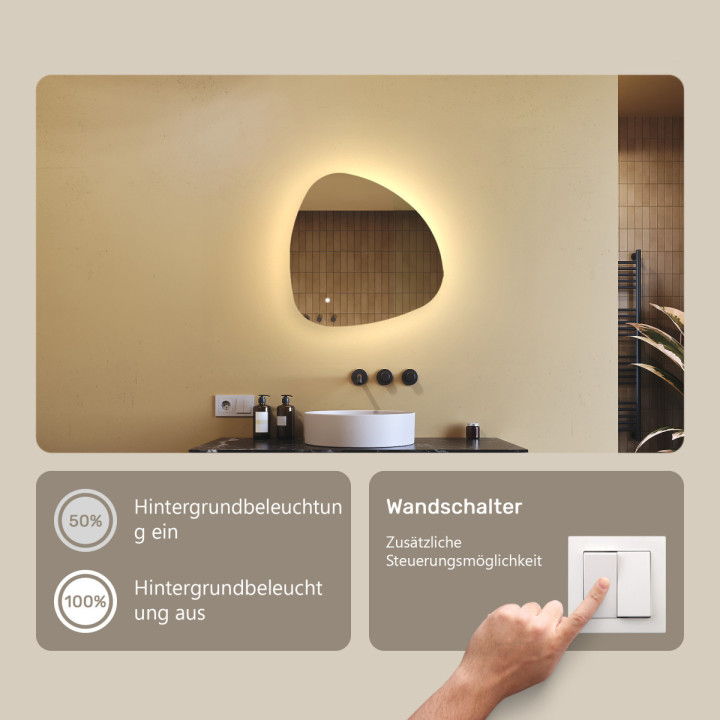 54x54 cm Unregelmäßiger Spiegel mit Beleuchtung, 54x54cm, Zweifarbig, Berührungsempfindlicher Schalter
