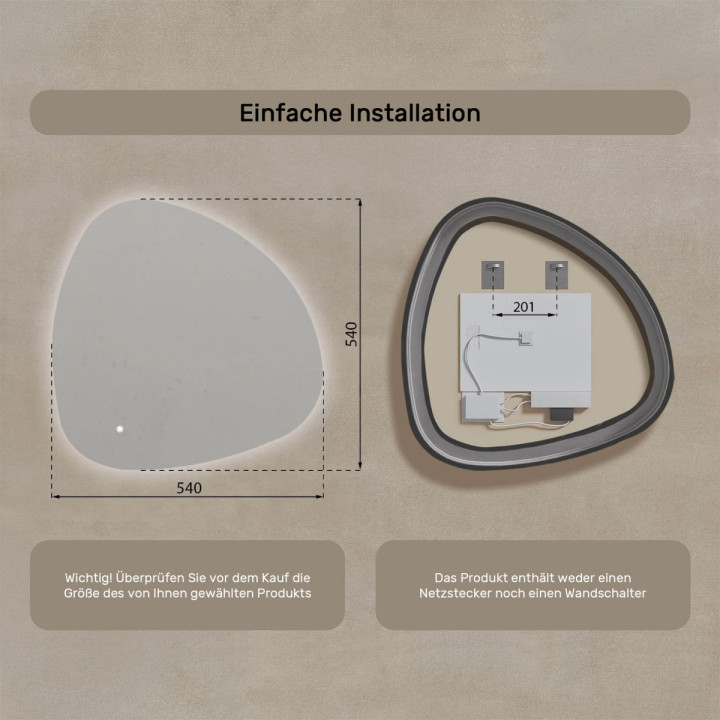 54x54 cm Unregelmäßiger Spiegel mit Beleuchtung, 54x54cm, Zweifarbig, Berührungsempfindlicher Schalter