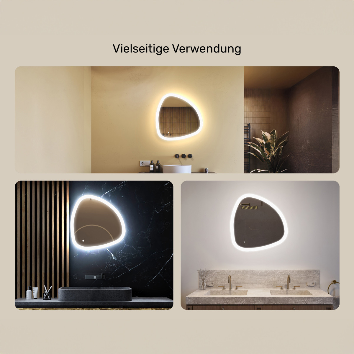 64x64 cm Unregelmäßiger Spiegel mit Beleuchtung, 64x64cm, Zweifarbig, Berührungsempfindlicher Schalter