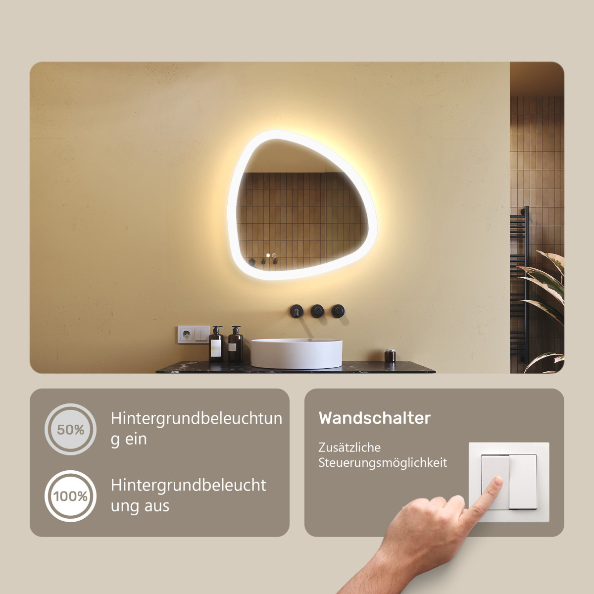 64x64 cm Unregelmäßiger Spiegel mit Beleuchtung, 64x64cm, Zweifarbig, Berührungsempfindlicher Schalter, Heizmatte