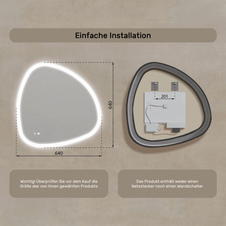 64x64 cm Unregelmäßiger Spiegel mit Beleuchtung, 64x64cm, Zweifarbig, Berührungsempfindlicher Schalter, Heizmatte