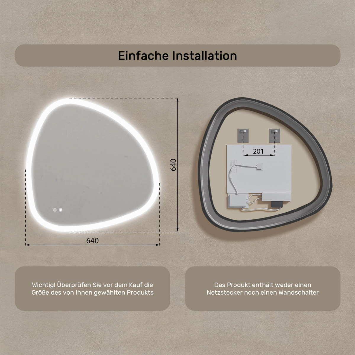 64x64 cm Unregelmäßiger Spiegel mit Beleuchtung, 64x64cm, Zweifarbig, Berührungsempfindlicher Schalter, Heizmatte