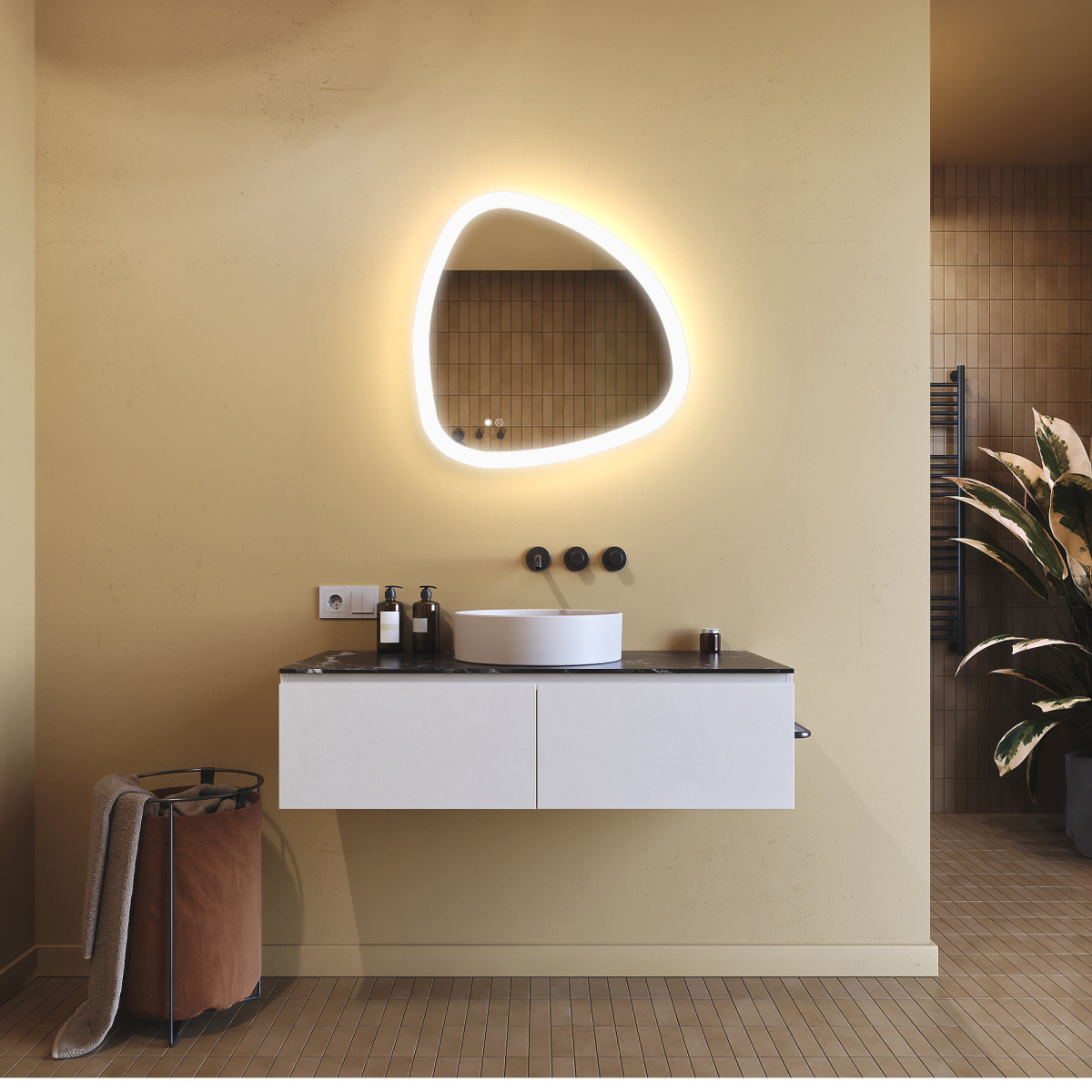 64x64 cm Unregelmäßiger Spiegel mit Beleuchtung, 64x64cm, Zweifarbig, Berührungsempfindlicher Schalter, Heizmatte