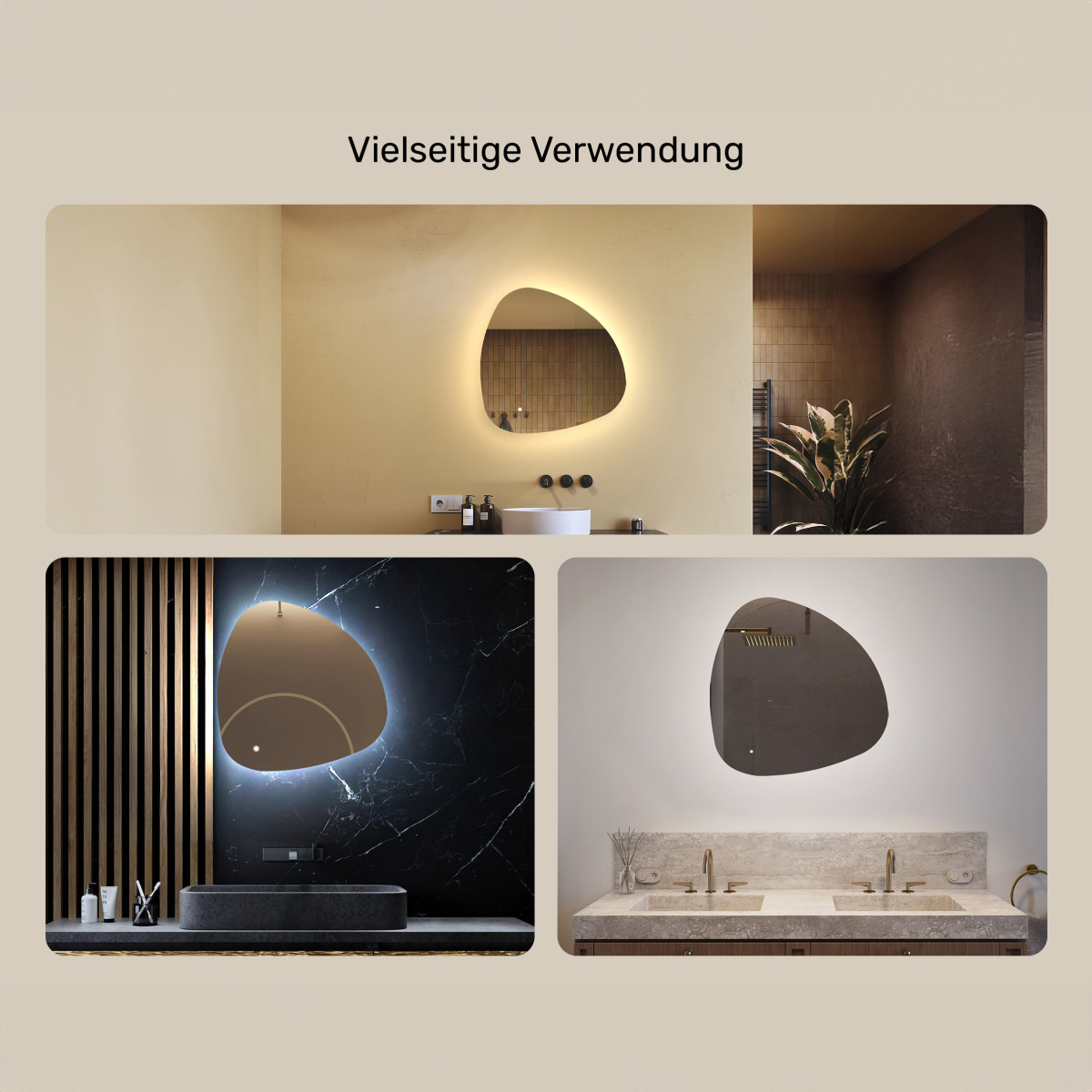 64x64 cm Unregelmäßiger Spiegel mit Beleuchtung, 64x64cm, Zweifarbig, berührungsempfindlicher Schalter