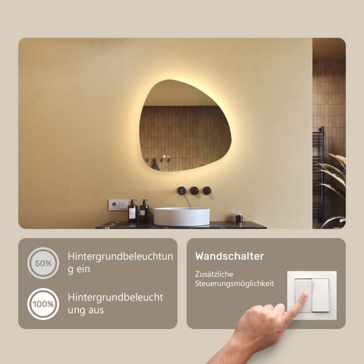 64x64 cm Unregelmäßiger Spiegel mit Beleuchtung, 64x64cm, Zweifarbig, Berührungsschalter, Heizmatte