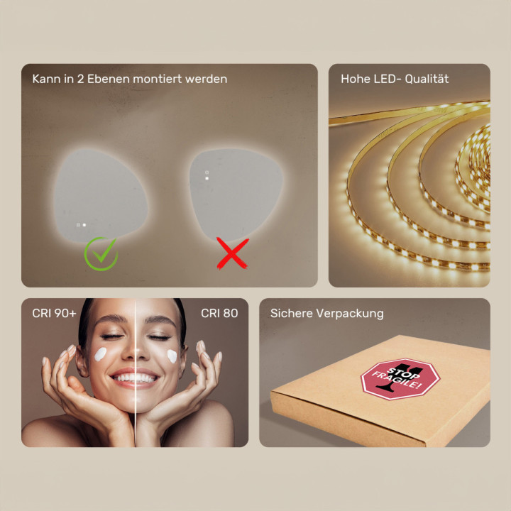 64x64 cm Unregelmäßiger Spiegel mit Beleuchtung, 64x64cm, Zweifarbig, Berührungsschalter, Heizmatte