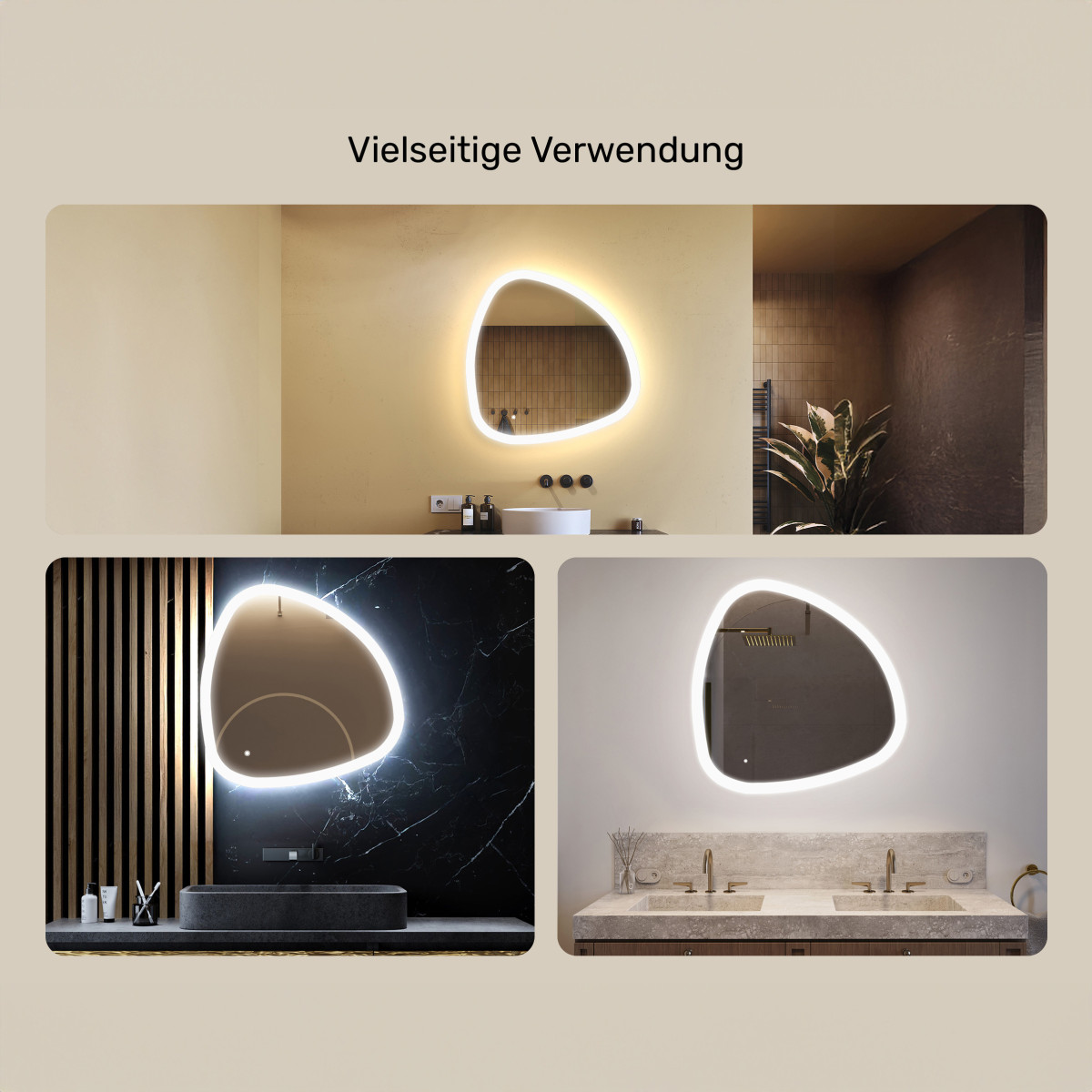 74x74 cm Unregelmäßiger Spiegel mit Beleuchtung, 74x74cm, zweifarbig, berührungsempfindlicher Schalter