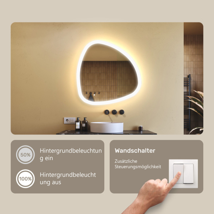 74x74 cm Unregelmäßiger Spiegel mit Beleuchtung, 74x74cm, zweifarbig, berührungsempfindlicher Schalter