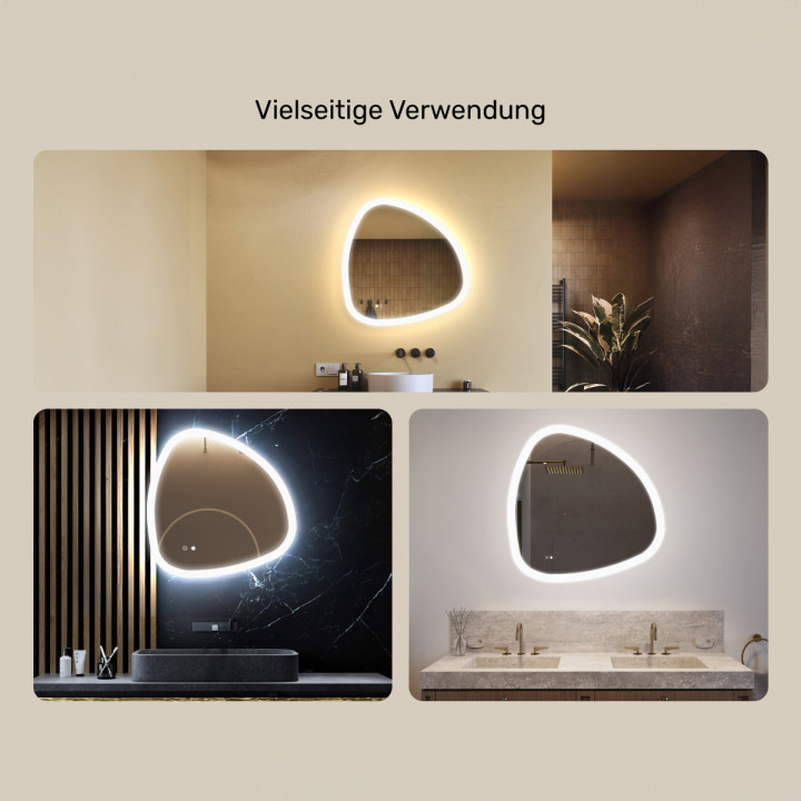 74x74 cm Unregelmäßiger Spiegel mit Beleuchtung, 74x74cm, Zweifarbig, Berührungsschalter, Heizmatte