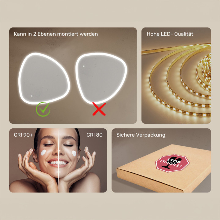 94x94 cm Badezimmerspiegel mit Beleuchtung, 94x94cm, Zweifarbig, Touch-Schalter