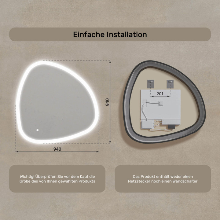 94x94 cm Badezimmerspiegel mit Beleuchtung, 94x94cm, Zweifarbig, Touch-Schalter
