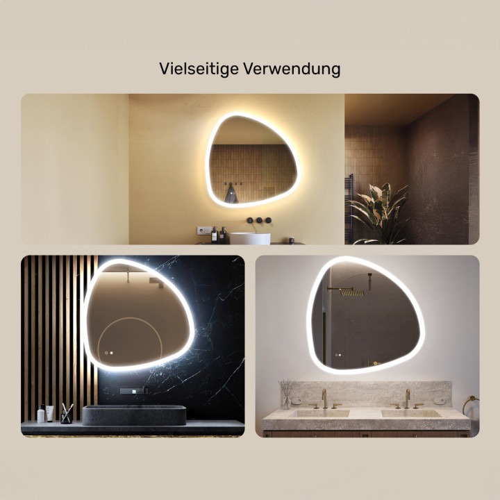 94x94 cm Unregelmäßiger Spiegel mit Beleuchtung, 94x94cm, Zweifarbig, Touch-Schalter, Heizmatte