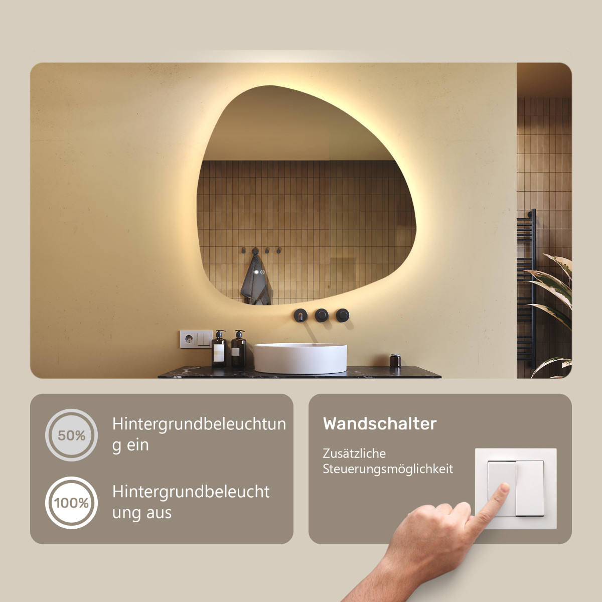 94x94 cm Unregelmäßiger Spiegel mit Beleuchtung, 94x94cm, Zweifarbig, Touch-Schalter, Heizmatte