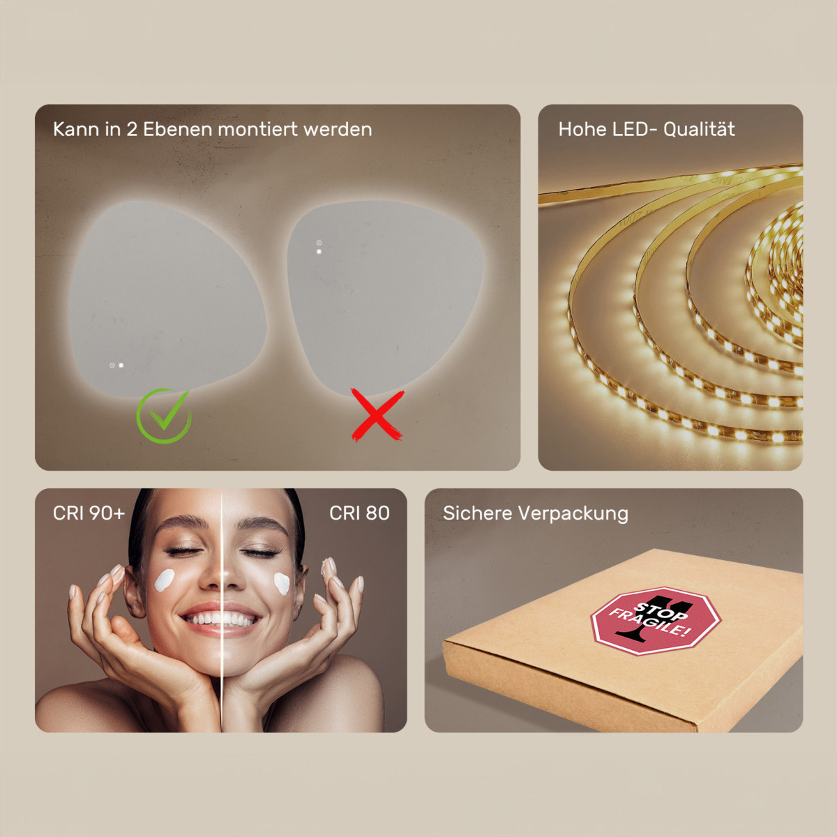 94x94 cm Unregelmäßiger Spiegel mit Beleuchtung, 94x94cm, Zweifarbig, Touch-Schalter, Heizmatte