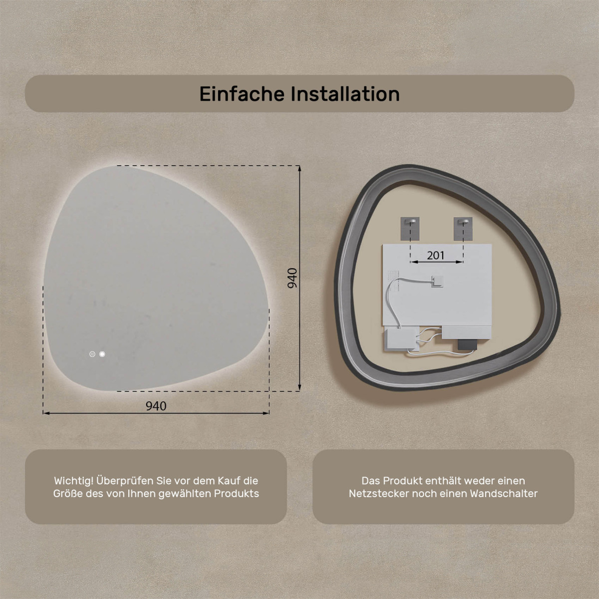 94x94 cm Unregelmäßiger Spiegel mit Beleuchtung, 94x94cm, Zweifarbig, Touch-Schalter, Heizmatte