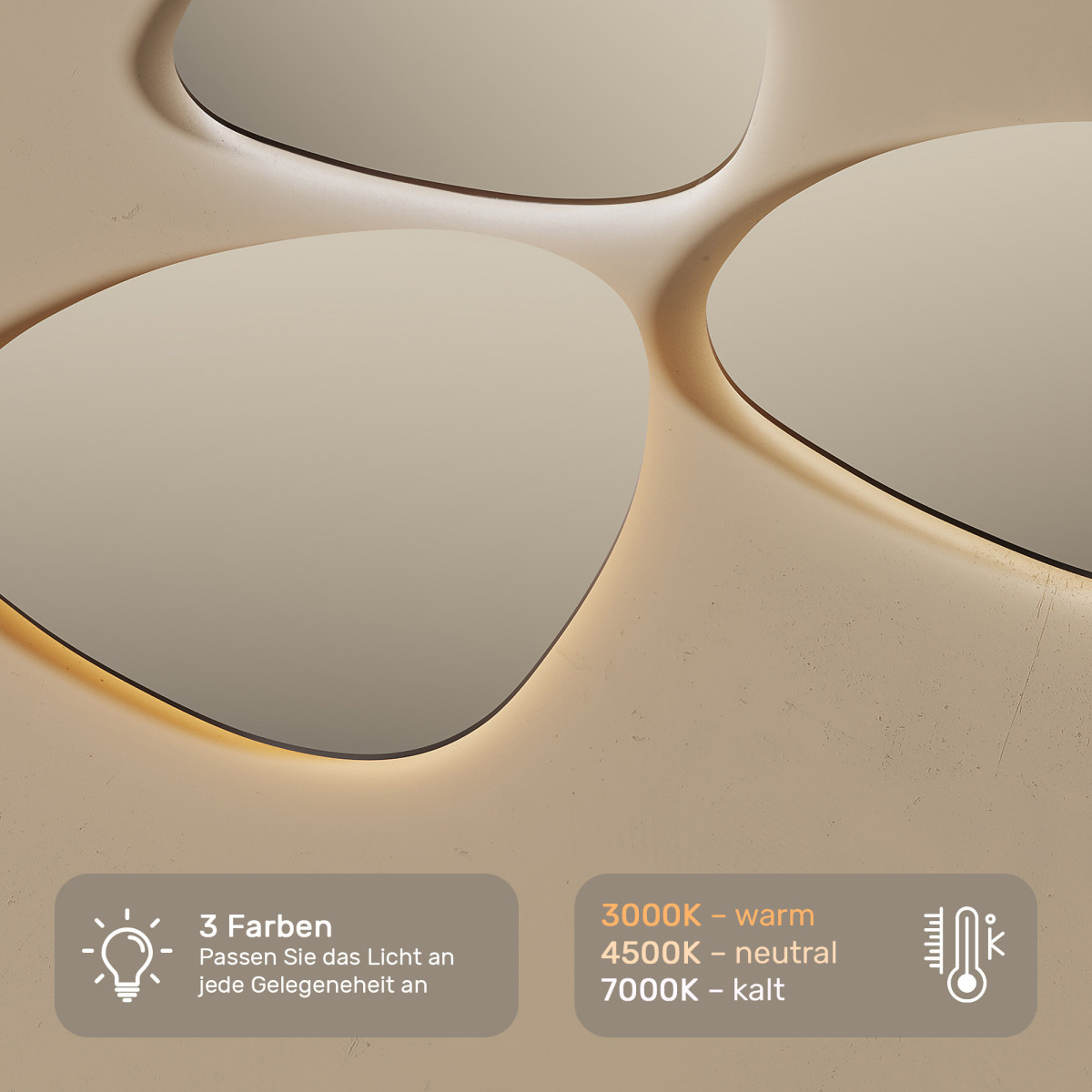 64x54 cm Badezimmerspiegel mit Beleuchtung, 64x54cm, Zweifarbig, Touch-Schalter