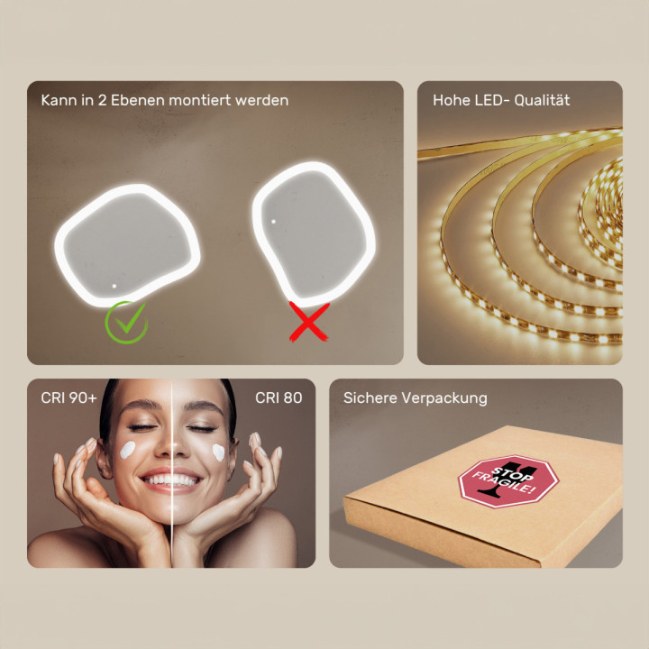 64x54 cm Badezimmerspiegel mit Beleuchtung, 64x54cm, Zweifarbig, Touch-Schalter