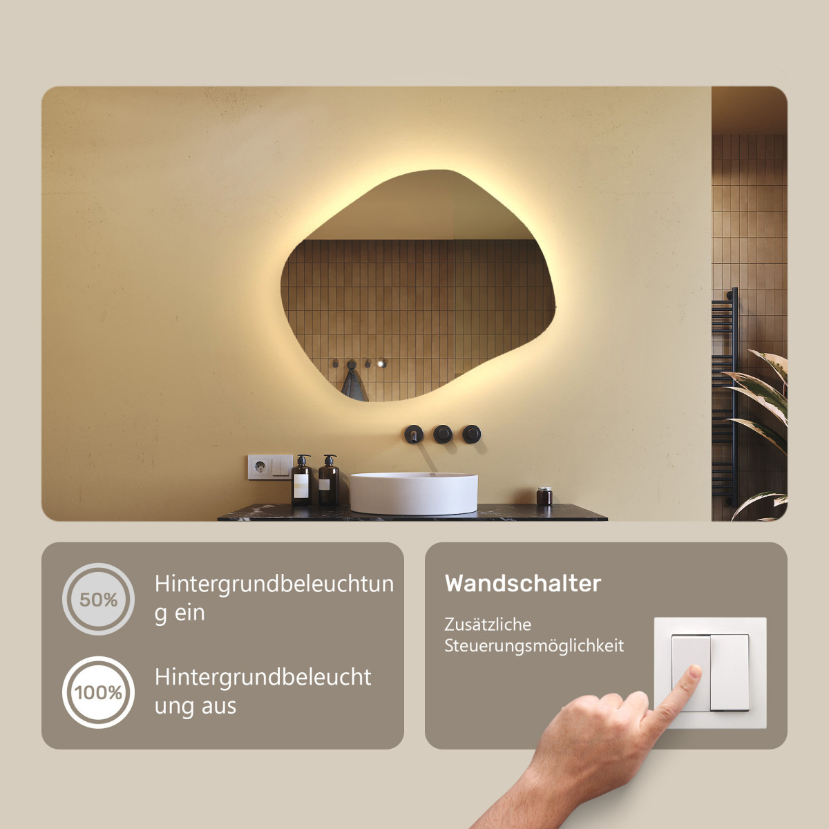 64x54 cm Badezimmerspiegel mit Beleuchtung, 64x54cm, Zweifarbig, Touch-Schalter