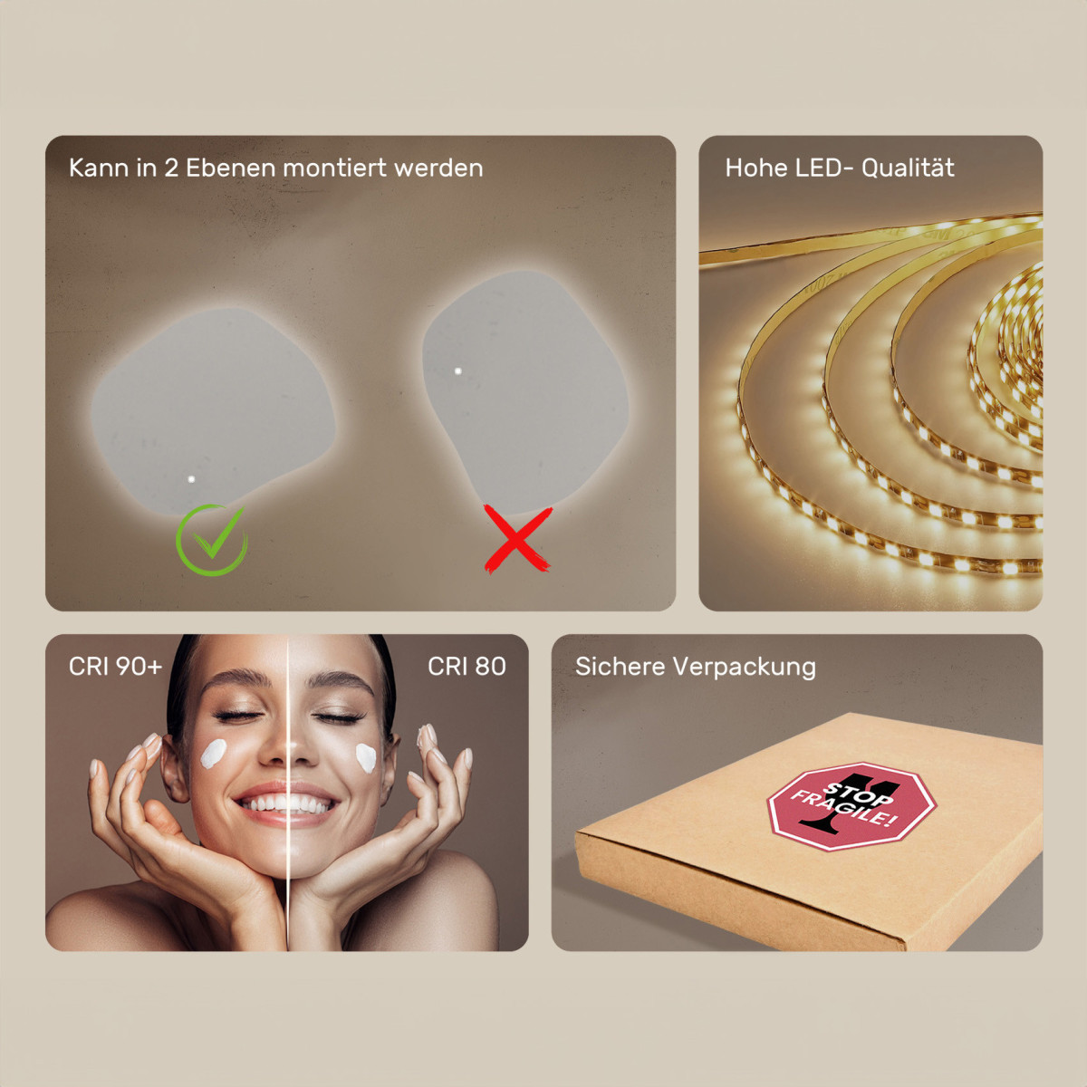 64x54 cm Badezimmerspiegel mit Beleuchtung, 64x54cm, Zweifarbig, Touch-Schalter