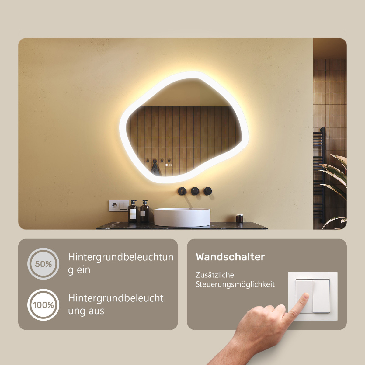 74x64 cm Badezimmerspiegel mit Beleuchtung, 74x64cm, Zweifarbig, Touch-Schalter, Heizmatte