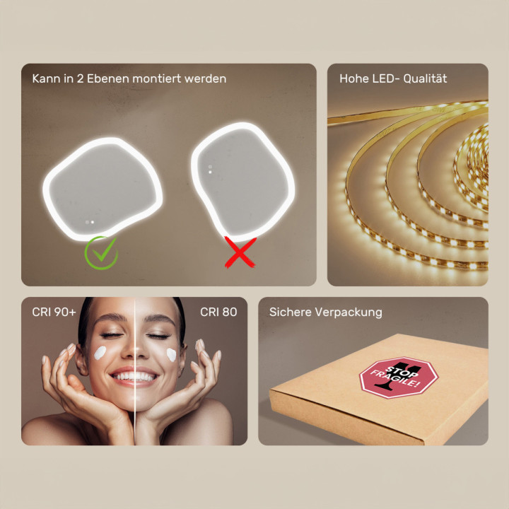 74x64 cm Badezimmerspiegel mit Beleuchtung, 74x64cm, Zweifarbig, Touch-Schalter, Heizmatte