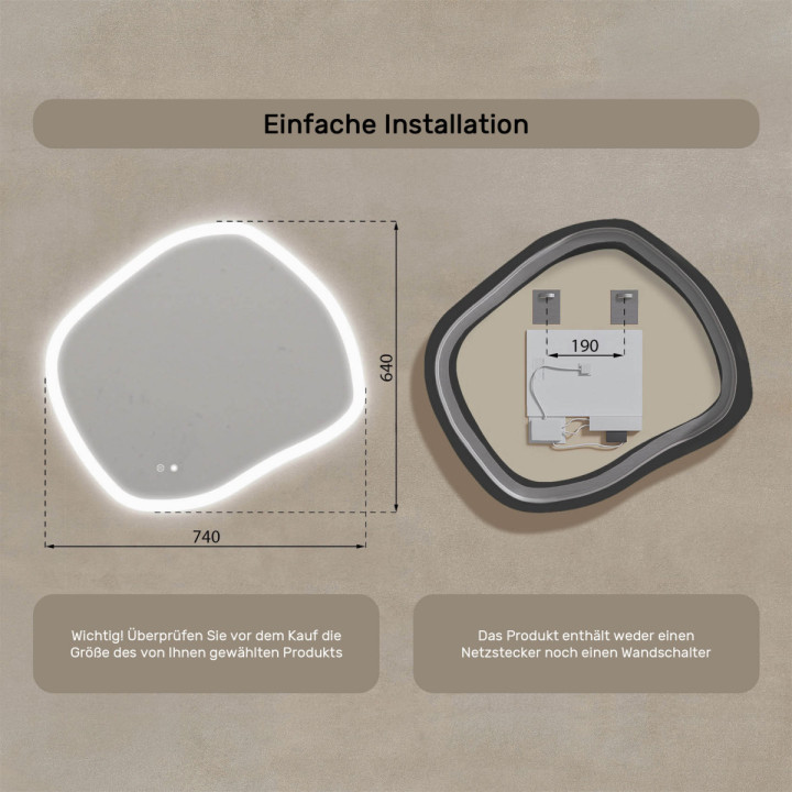 74x64 cm Badezimmerspiegel mit Beleuchtung, 74x64cm, Zweifarbig, Touch-Schalter, Heizmatte