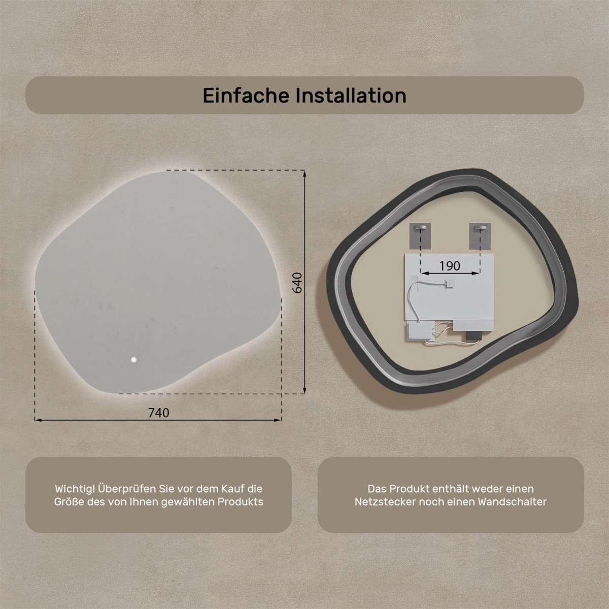 74x64 cm Badezimmerspiegel mit Beleuchtung, 74x64cm, Zweifarbig, Touch-Schalter