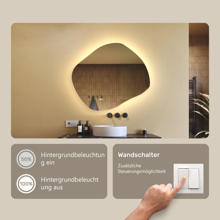 74x64 cm Badezimmerspiegel mit Beleuchtung, 74x64cm, Zweifarbig, Touch-Schalter, Heizmatte