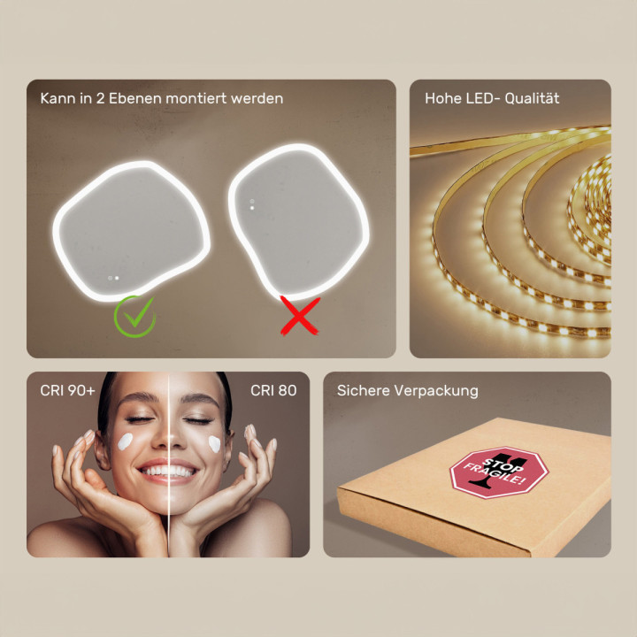 94x84 cm Badezimmerspiegel mit Beleuchtung, 94x84cm, Zweifarbig, Touch-Schalter, Heizmatte