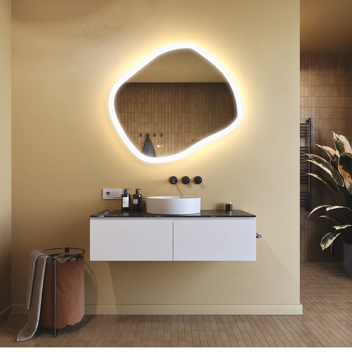 94x84 cm Badezimmerspiegel mit Beleuchtung, 94x84cm, Zweifarbig, Touch-Schalter, Heizmatte