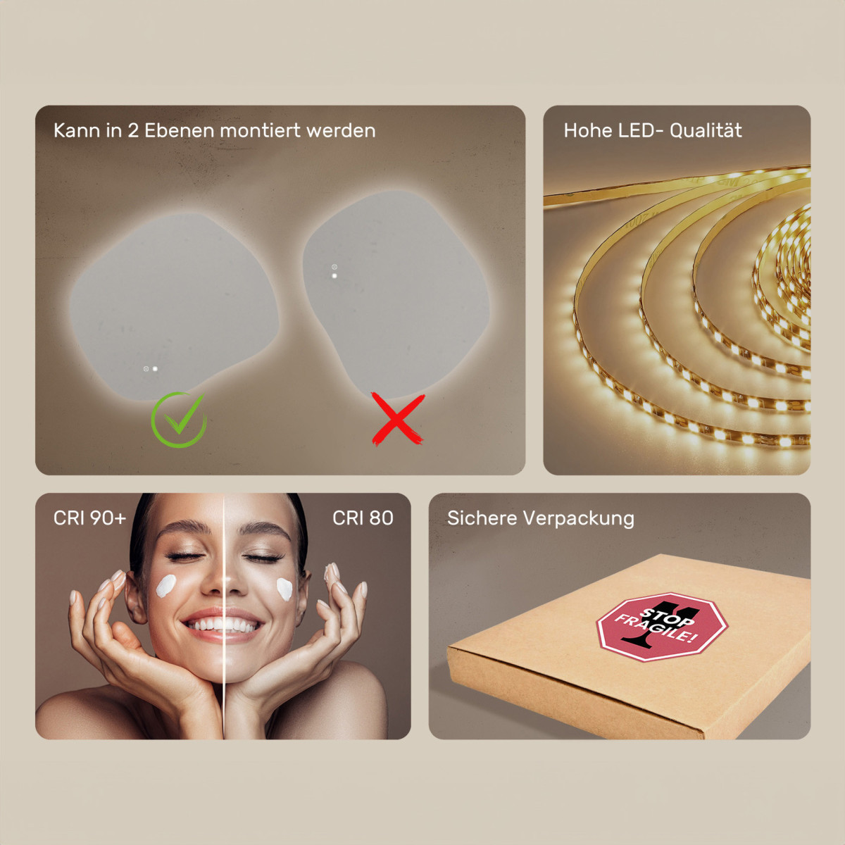 94x84 cm Badezimmerspiegel mit Beleuchtung, 94x84cm, Zweifarbig, Touch-Schalter, Heizmatte