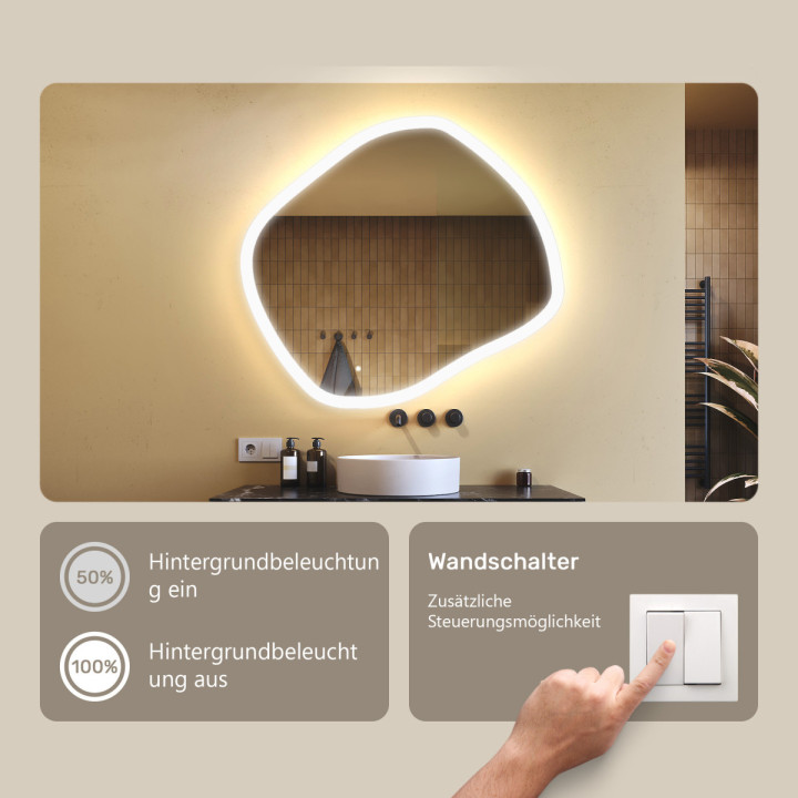 104x94 cm Badezimmerspiegel mit Beleuchtung, 104x94cm, Zweifarbig, Touch-Schalter