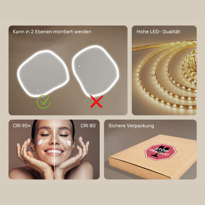 104x94 cm Badezimmerspiegel mit Beleuchtung, 104x94cm, Zweifarbig, Touch-Schalter