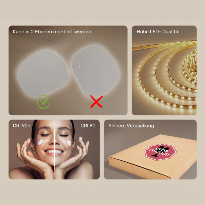 104x94 cm Badezimmerspiegel mit Beleuchtung, 104x94cm, Zweifarbig, Touch-Schalter