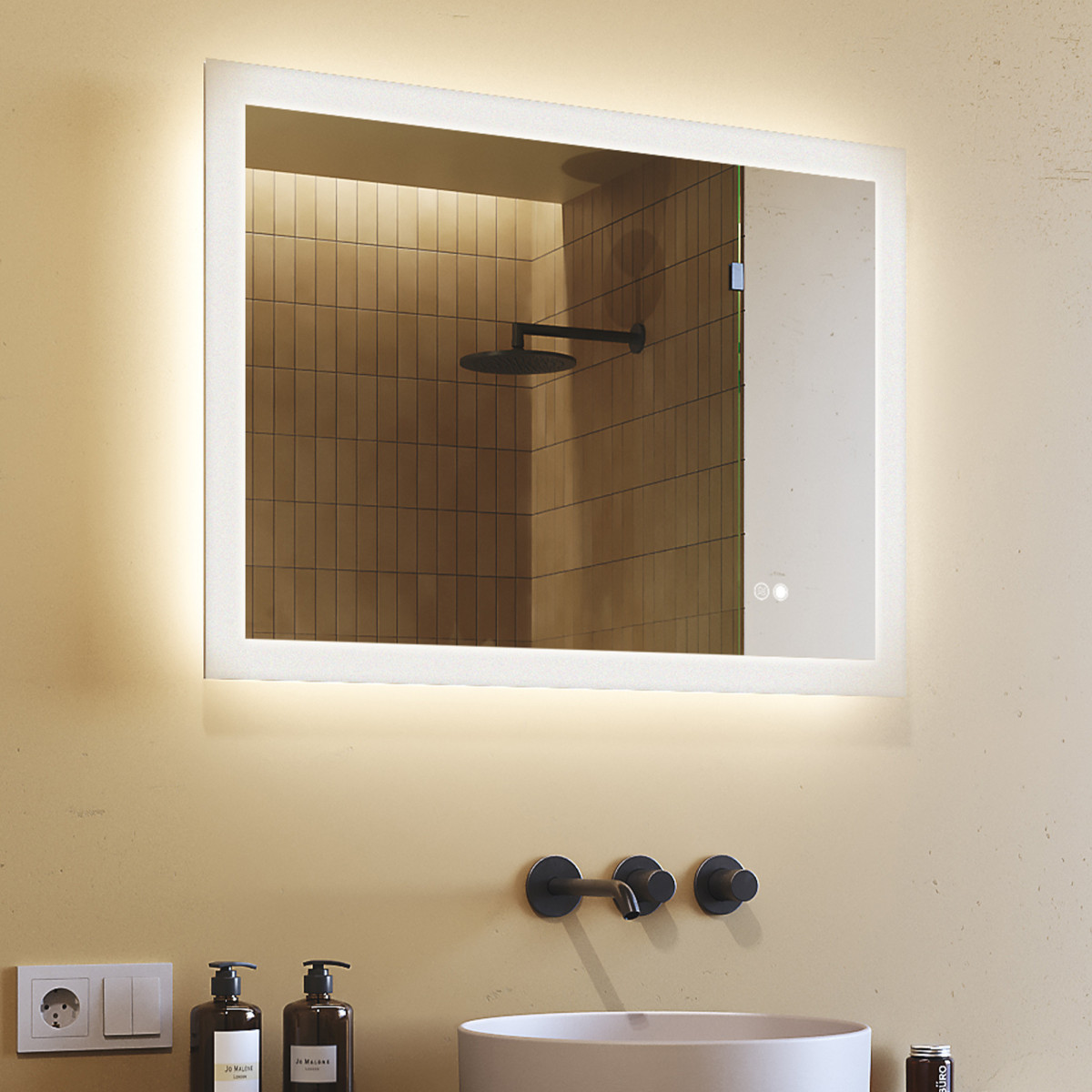 Rechteckiger LED-Badspiegel 80 × 60 cm mit Touch-Schalter und Spiegelheizung