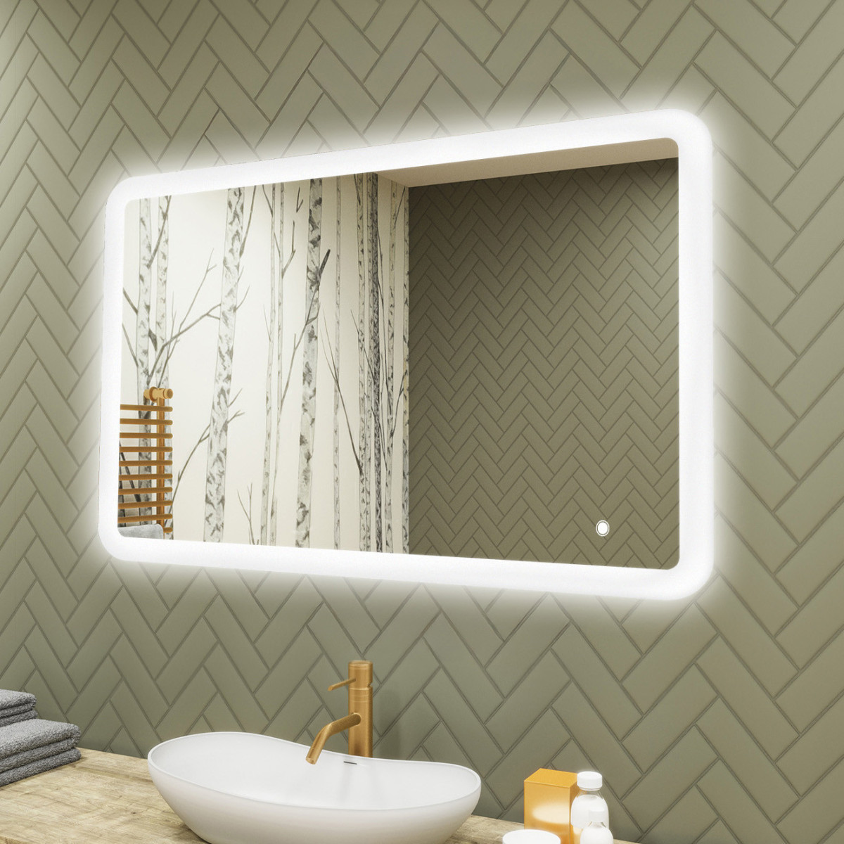 100x70 cm Abgerundeter Badezimmerspiegel mit LED-Beleuchtung, 100x70cm, Zweifarbig, Touch-Schalter