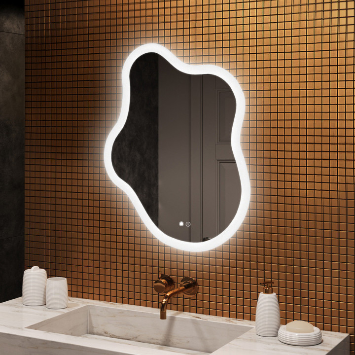 74x94 cm Unregelmäßiger Spiegel mit Beleuchtung, 74x94cm, Zweifarbig, Touch-Schalter, Heizmatte