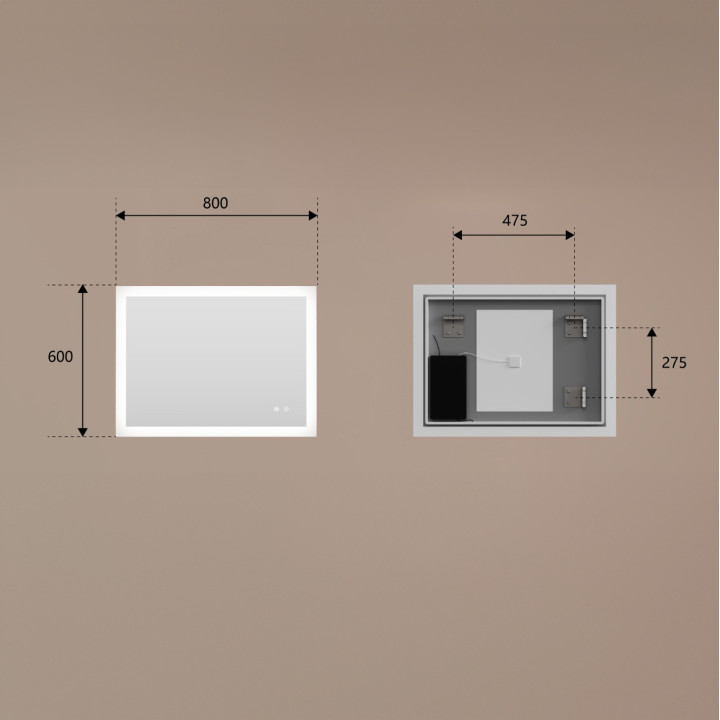 Rechteckiger LED-Badspiegel 80 × 60 cm mit Touch-Schalter und Spiegelheizung