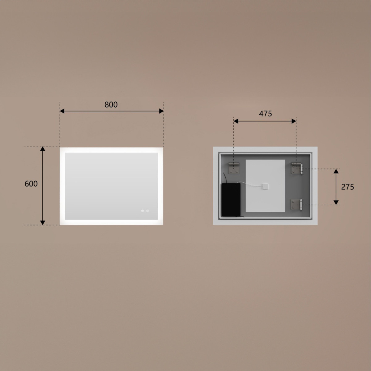 Rechteckiger LED-Badspiegel 80 × 60 cm mit Touch-Schalter und Spiegelheizung