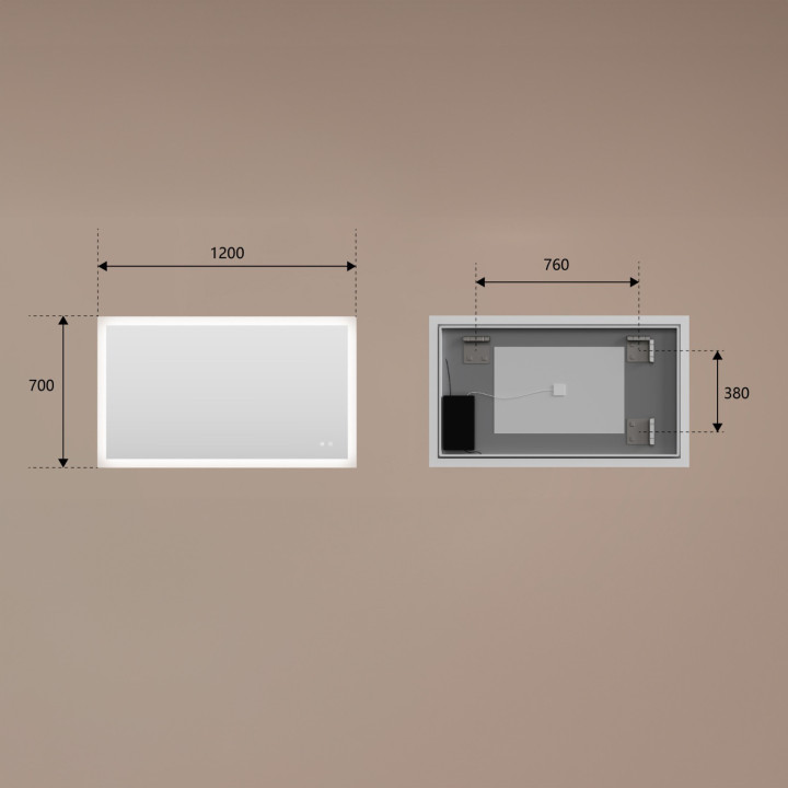 Rechteckiger LED-Badspiegel 120 × 70 cm mit Touch-Schalter und Spiegelheizung