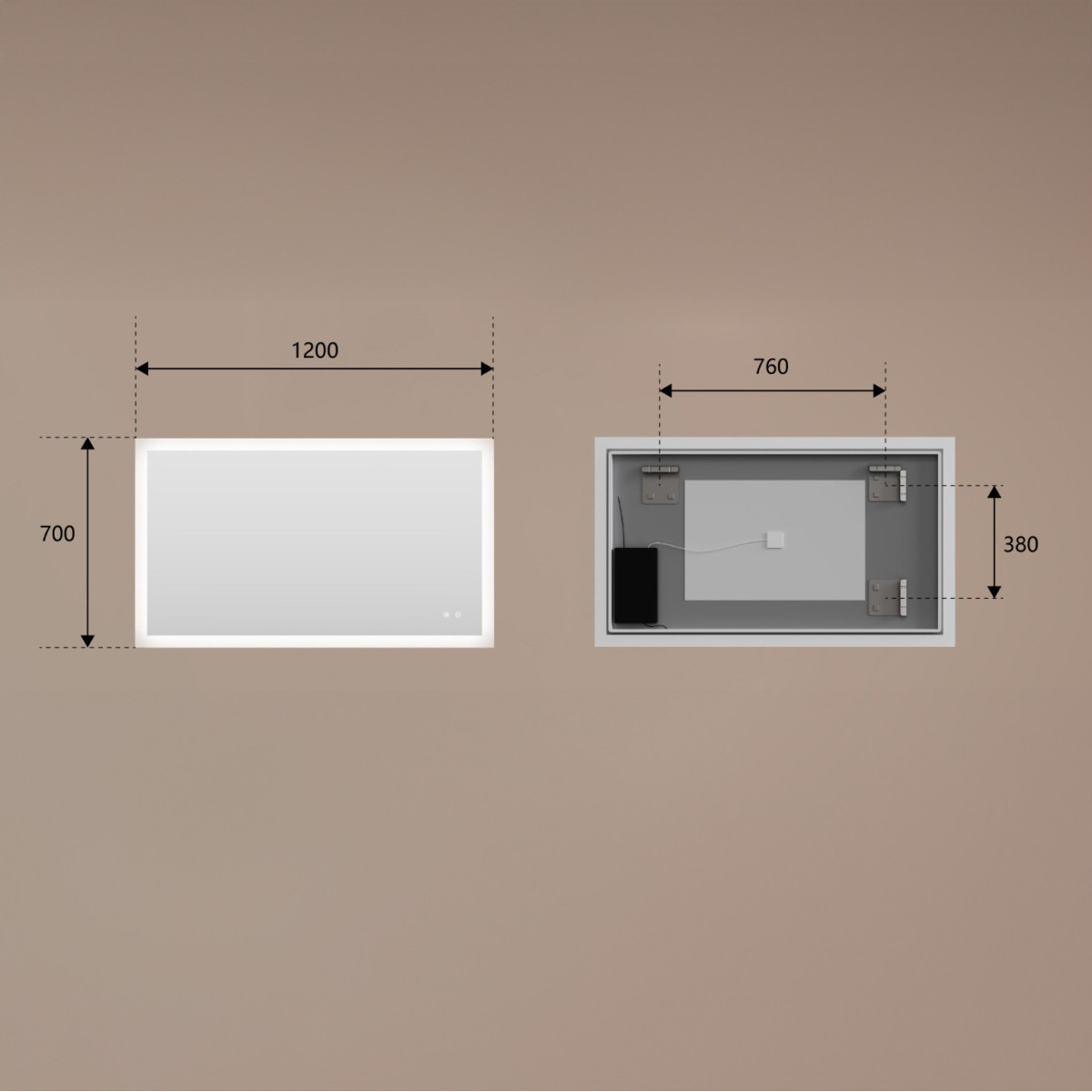 Rechteckiger LED-Badspiegel 120 × 70 cm mit Touch-Schalter und Spiegelheizung